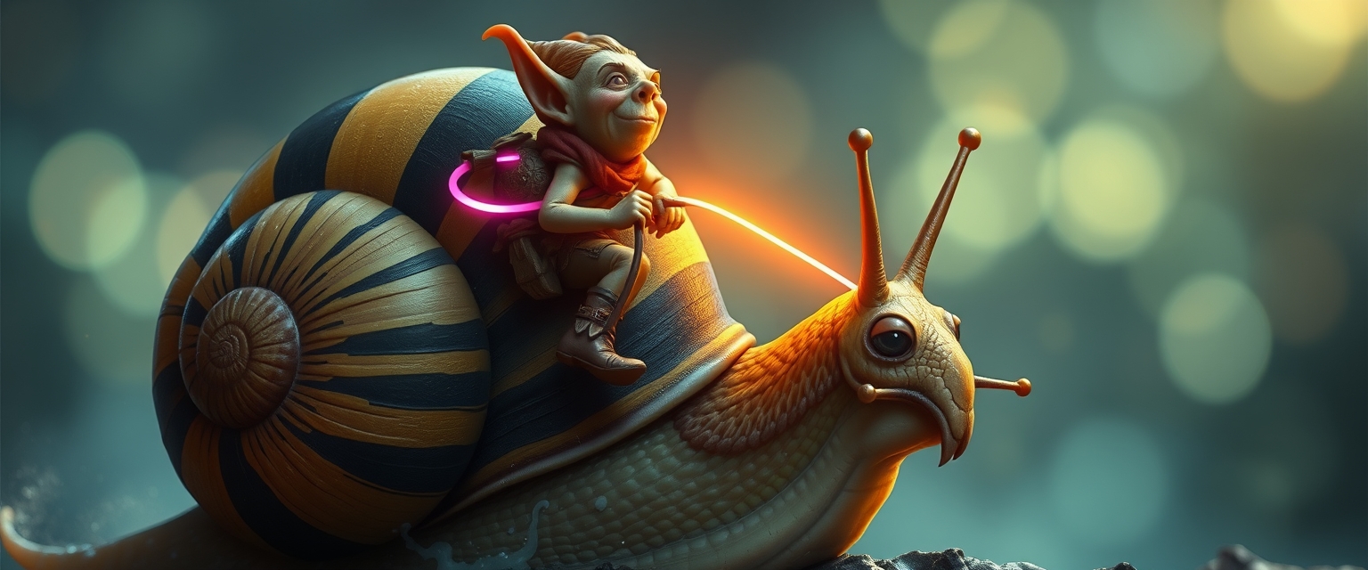 A tiny goblin jockey riding on the back of a giant snail, neon reins, the snail's shell is striped black and yellow, slime trail, neon bokeh, in the style of a fantasy painting.