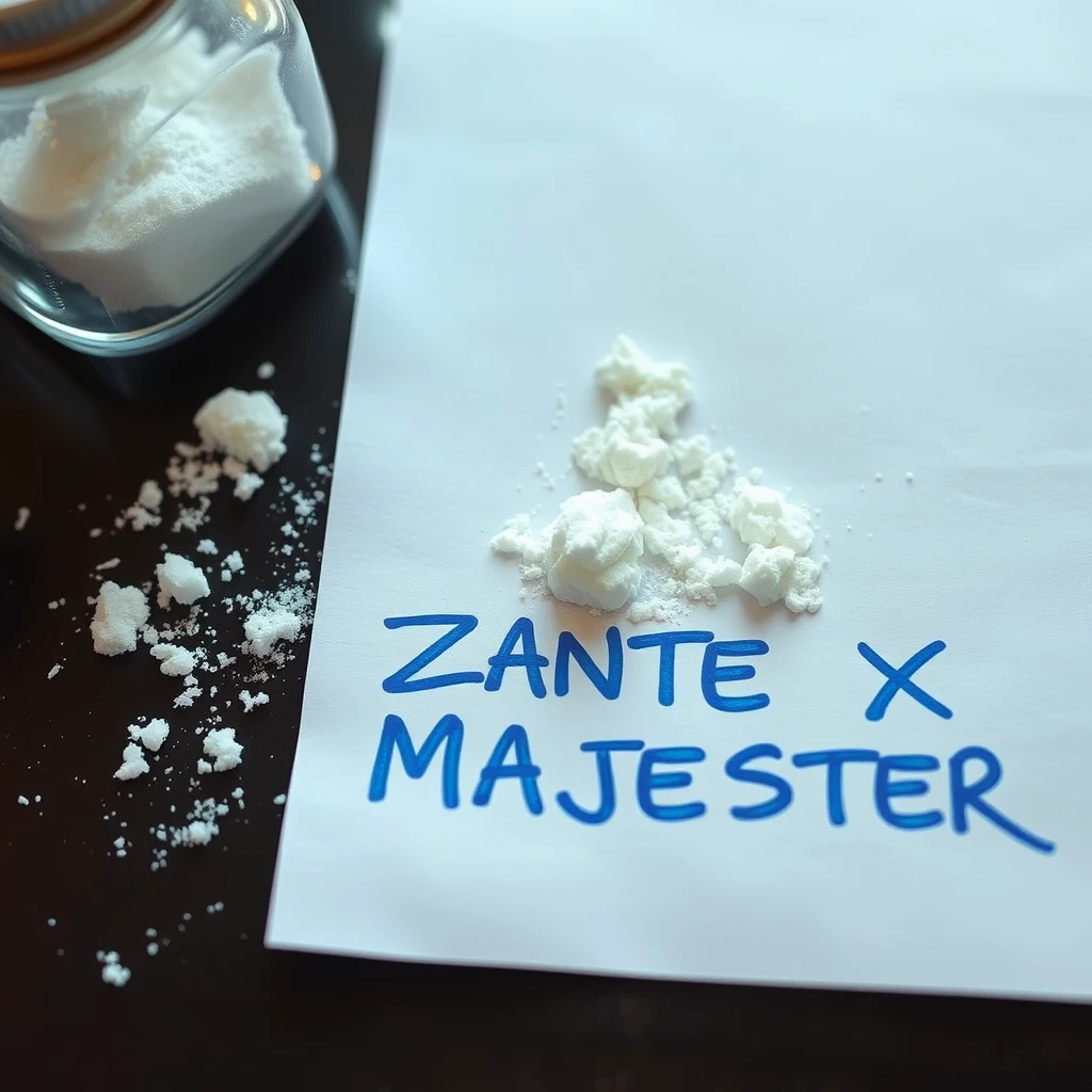 There is cocaine on a table and there is paper under it, it says "ZANTE X MAJESTER" in blue on the paper.