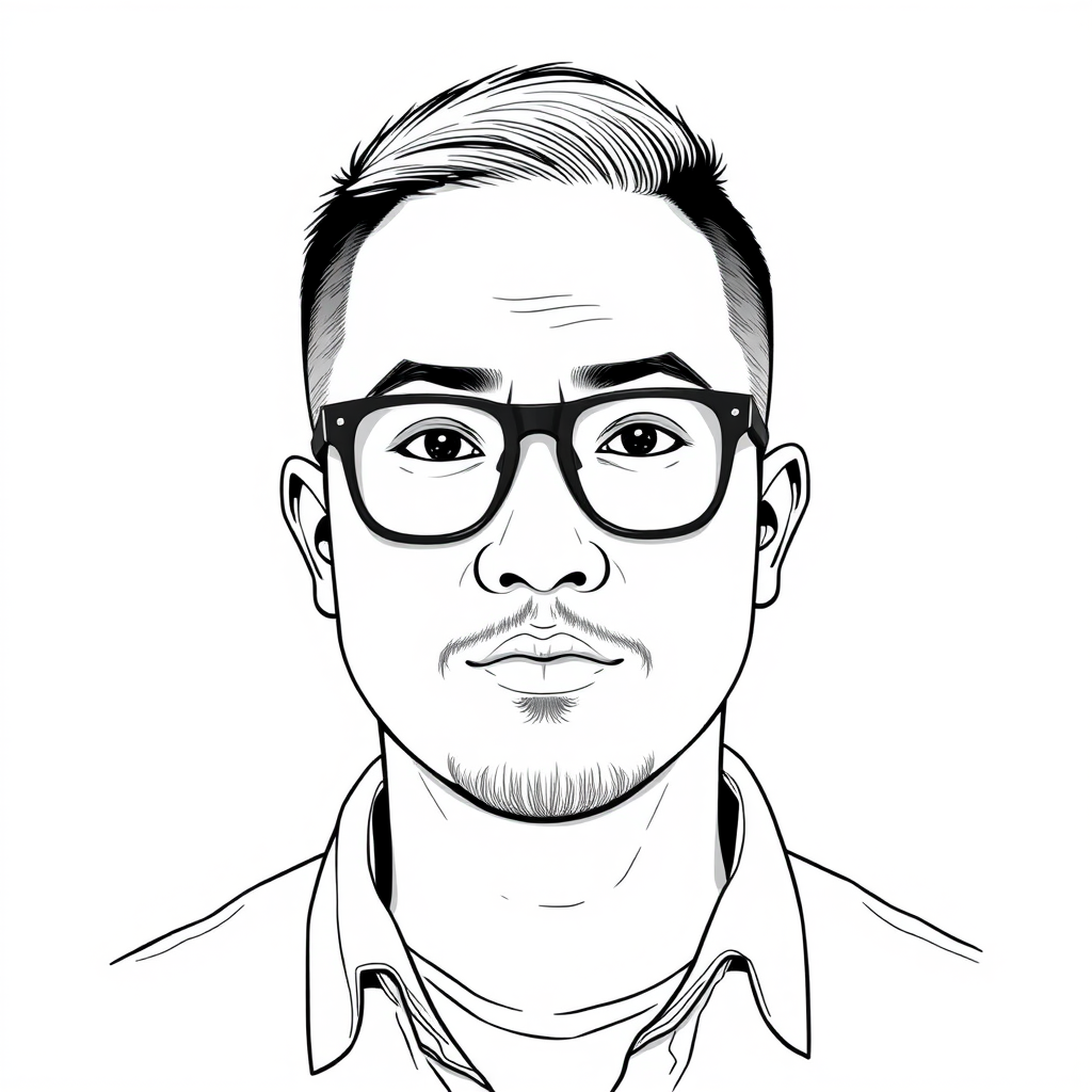 A cool black-and-white line drawing of the head of a man around 35 years old, with short crew cut hair, Asian descent, wearing black-framed glasses for nearsightedness, a slightly short beard on his chin, a shirt, a full face, clean and fresh skin, and a slightly chubby physique.