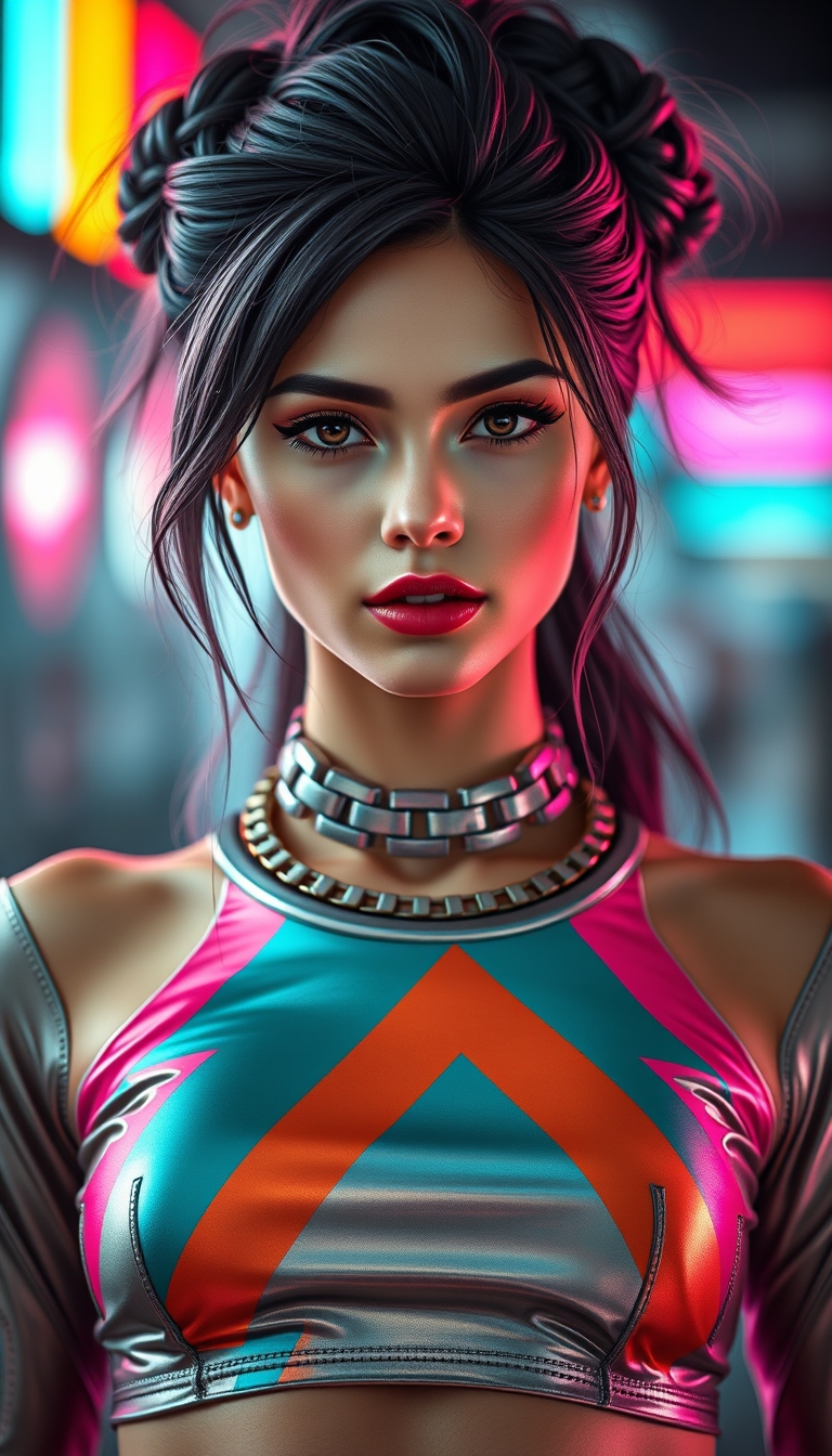 A highly detailed, photorealistic portrait of a young woman with a striking, futuristic appearance. The woman has long, dark hair styled in an intricate updo, with strands of lighter hair framing her face. She wears a form-fitting, metallic crop top with a bold, geometric pattern in shades of teal, orange, and pink, creating a striking visual effect. The woman's makeup is bold and dramatic, with vivid red lips and heavily lined eyes. Around her neck is a chunky, metallic choker. The background is blurred, with colorful, neon-like lights creating a sense of energy and movement. The overall composition has a cyberpunk, retro-futuristic aesthetic, with a strong emphasis on the woman's captivating features and bold fashion choices. The level of detail is exceptional, with every texture and material rendered with meticulous precision. - Image