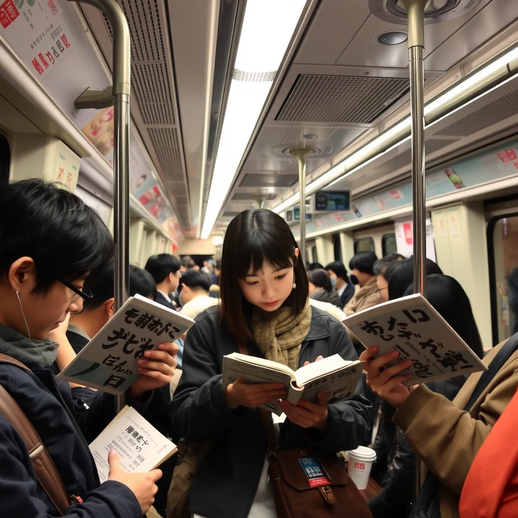 Three Japanese people are reading in the subway, which is crowded with many people.