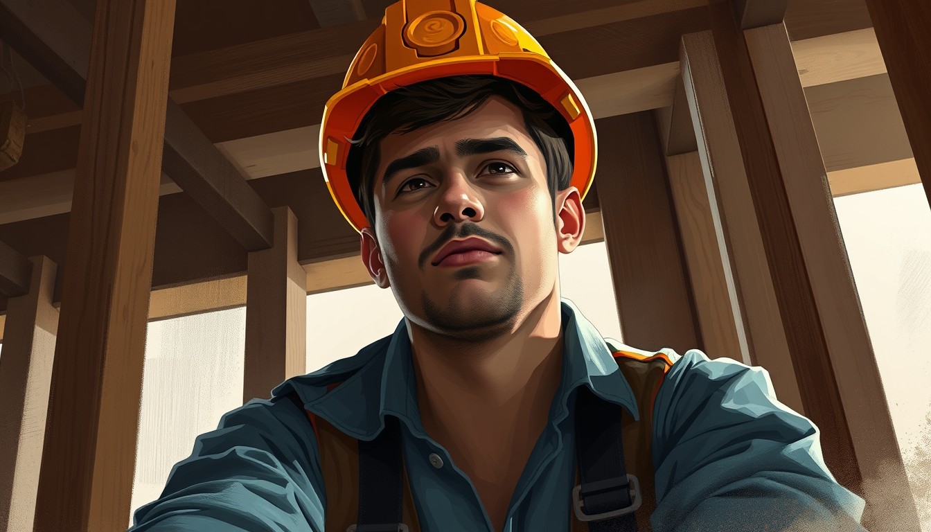 Digital illustration of a man in a construction, Procreate Soft Brush texture, add subtle depth, dodge burn effect, ambient occlusion, brushstrokes. - Image