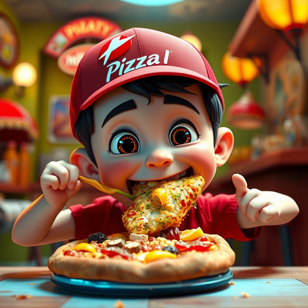 Pixar style, young boy enjoying a Pizza Hut pizza with a mouth full of durian, vibrant and playful animation, cheerful expression, colorful and whimsical setting, expressive eyes, detailed facial features, animated food particles, dynamic and engaging pose --ar 16:9 --v 5.0