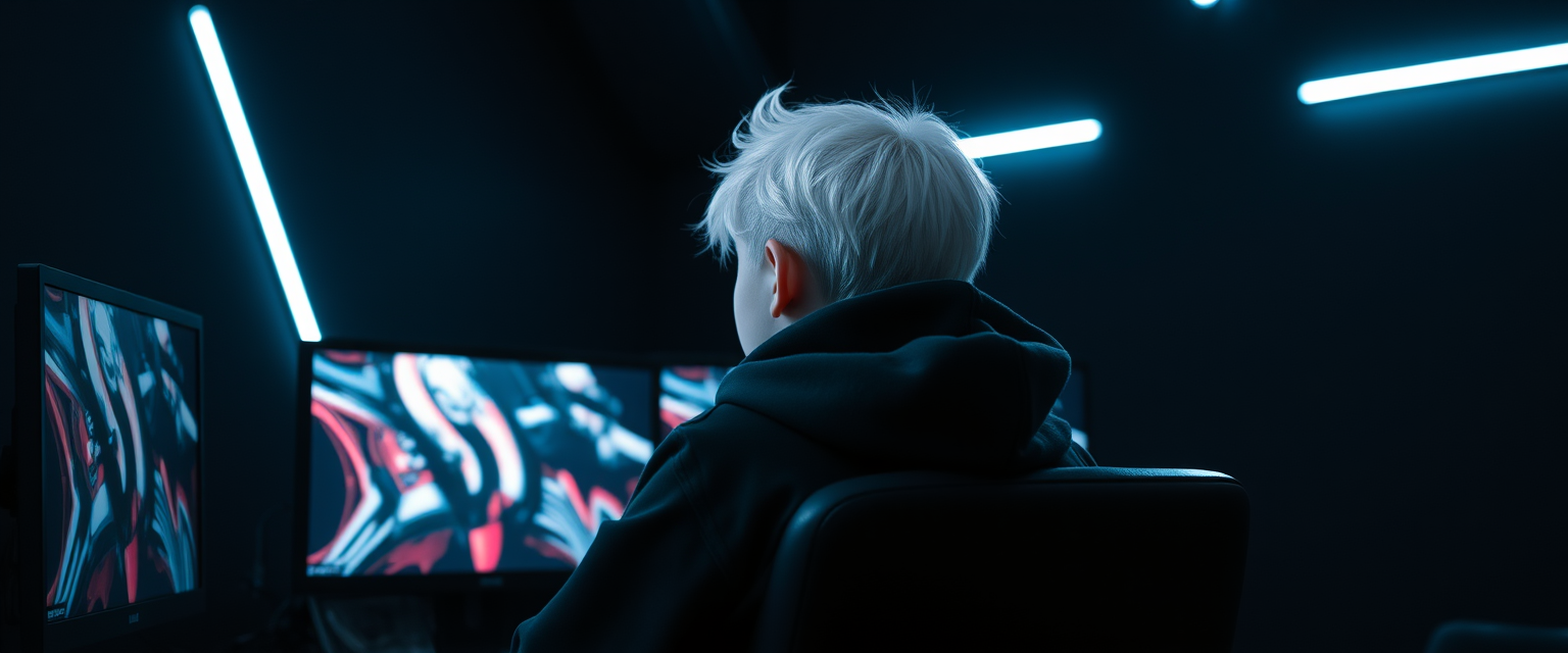 Image of a boy with white hair and a black hoodie in a gamer setup with spotlights in front, looking at 2 monitors in a black room with few white neon lights.