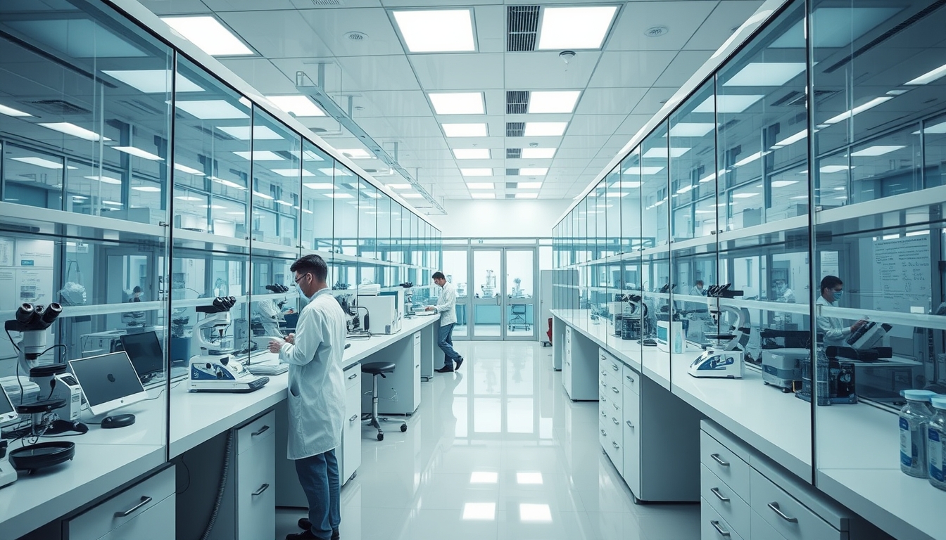 A high-tech laboratory with glass walls and advanced equipment, scientists at work.