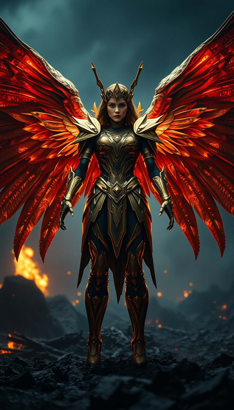 Cinematic shot of a female battle angel rising from ashes, golden regal Valkyrie armor, futuristic, standing on a battlefield, movie scene, film grain, realistic, shot from below, dark lighting.