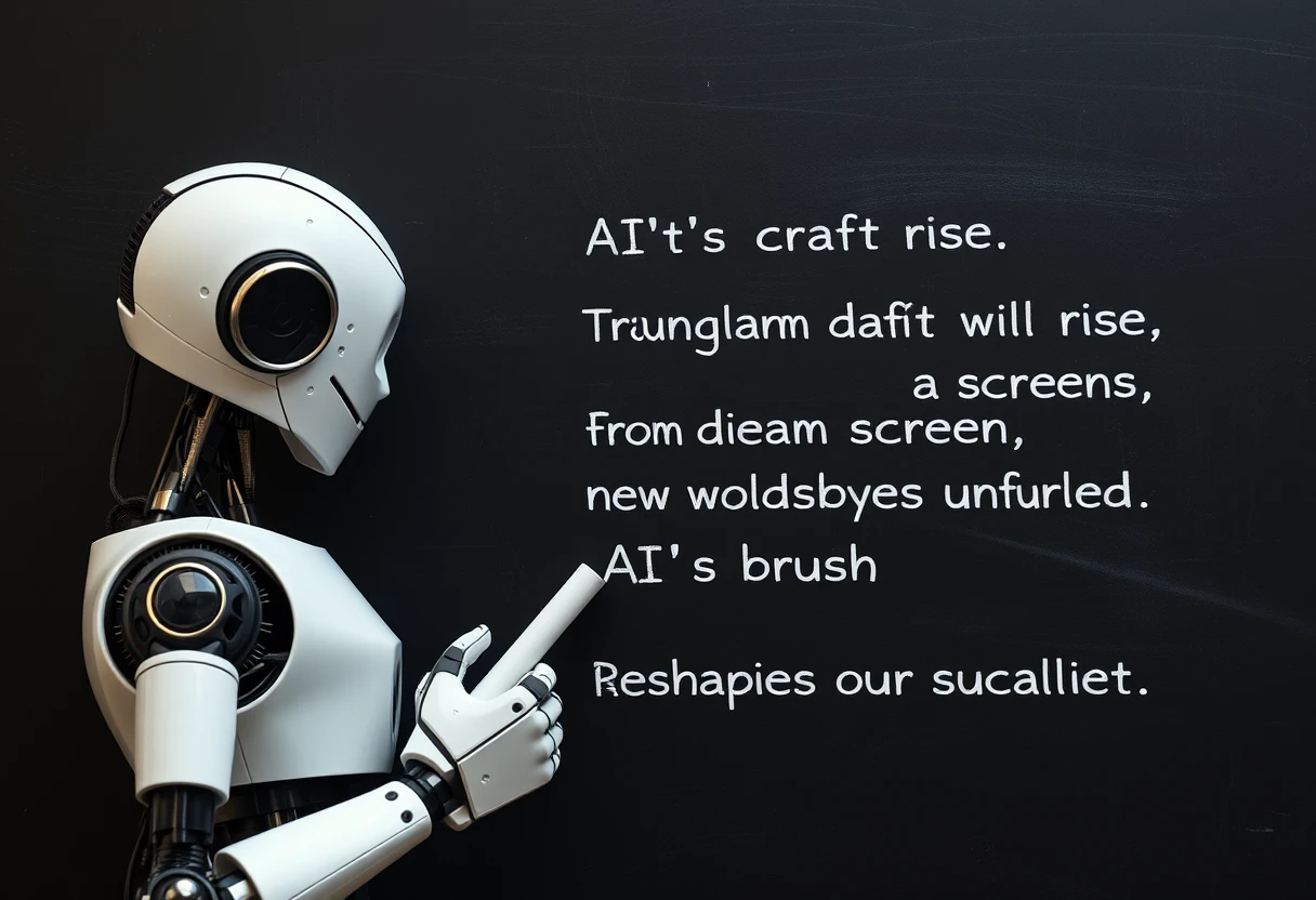 A robot holding chalk looking at a blackboard that reads the following poem: "In pixels’ dance, AI’s craft will rise, Transforming visions through machine eyes, From dreams to screens, new worlds unfurled, AI’s brush reshapes our visual world." - Image