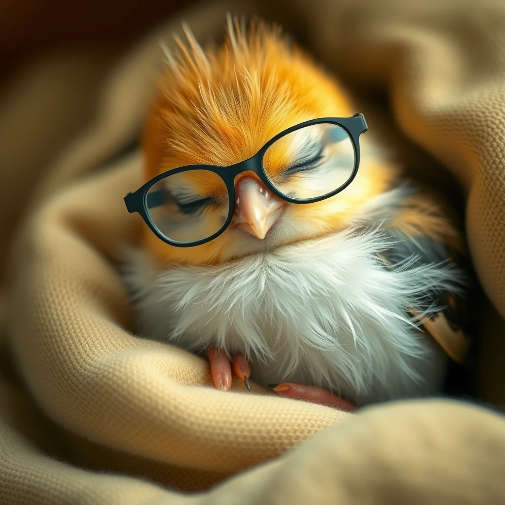 Sweet little birdie with glasses sleeping in its bed. - Image