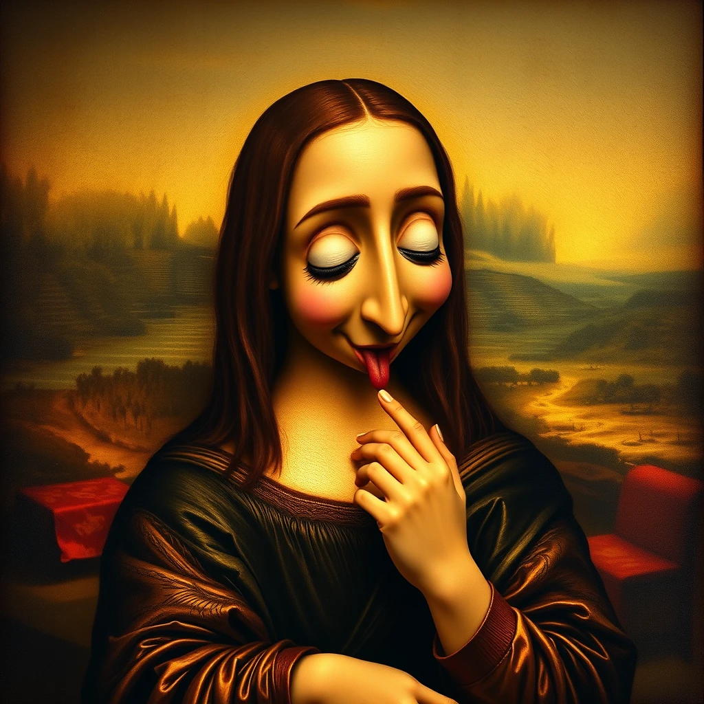 A whimsical reinterpretation of the Mona Lisa, playfully licking her foot, set against a soft, blurred Renaissance background. Warm, golden hues illuminate her enigmatic smile, blending classical and surreal styles. - Image