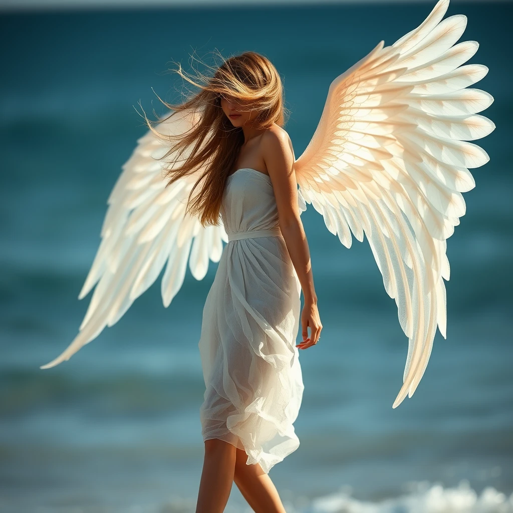 9 heads tall skinny female model, angel, wind wave long hair, transparent cloth and wings, spread big wings on the back, full body, side view, side lighting, background bokeh, Super realistic, film look, Emerald Beach. - Image