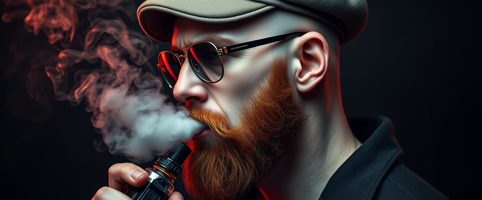 Three-quarter view of a sinister, bald human male with demonic features. Short ginger beard contrasts with dark eyebrows. Wears a weathered flatcap and reflective aviator glasses. Clutches a sleek vapemod, exhaling dense, swirling vapor clouds. Vibrant, e-liquid drips off his pale skin, creating a colorful aura. Hyper-realistic, high detailed. - Image