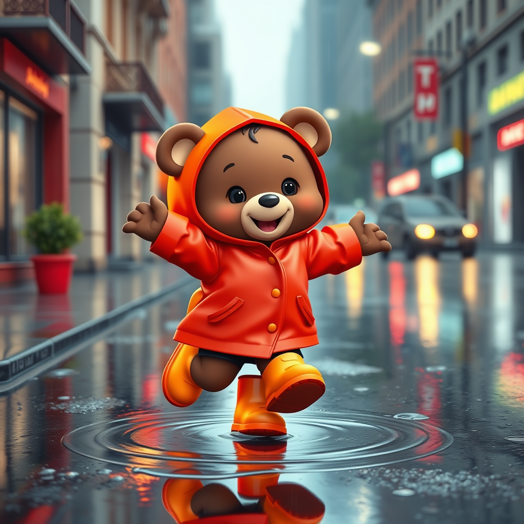 Cute cartoon bear cub, dressed in a bright red neon oversized raincoat with a hood and bright rubber boots, jumping in the rain on the puddles on the city street. The picture conveys carefree childhood. Cartoon style 3D. - Image