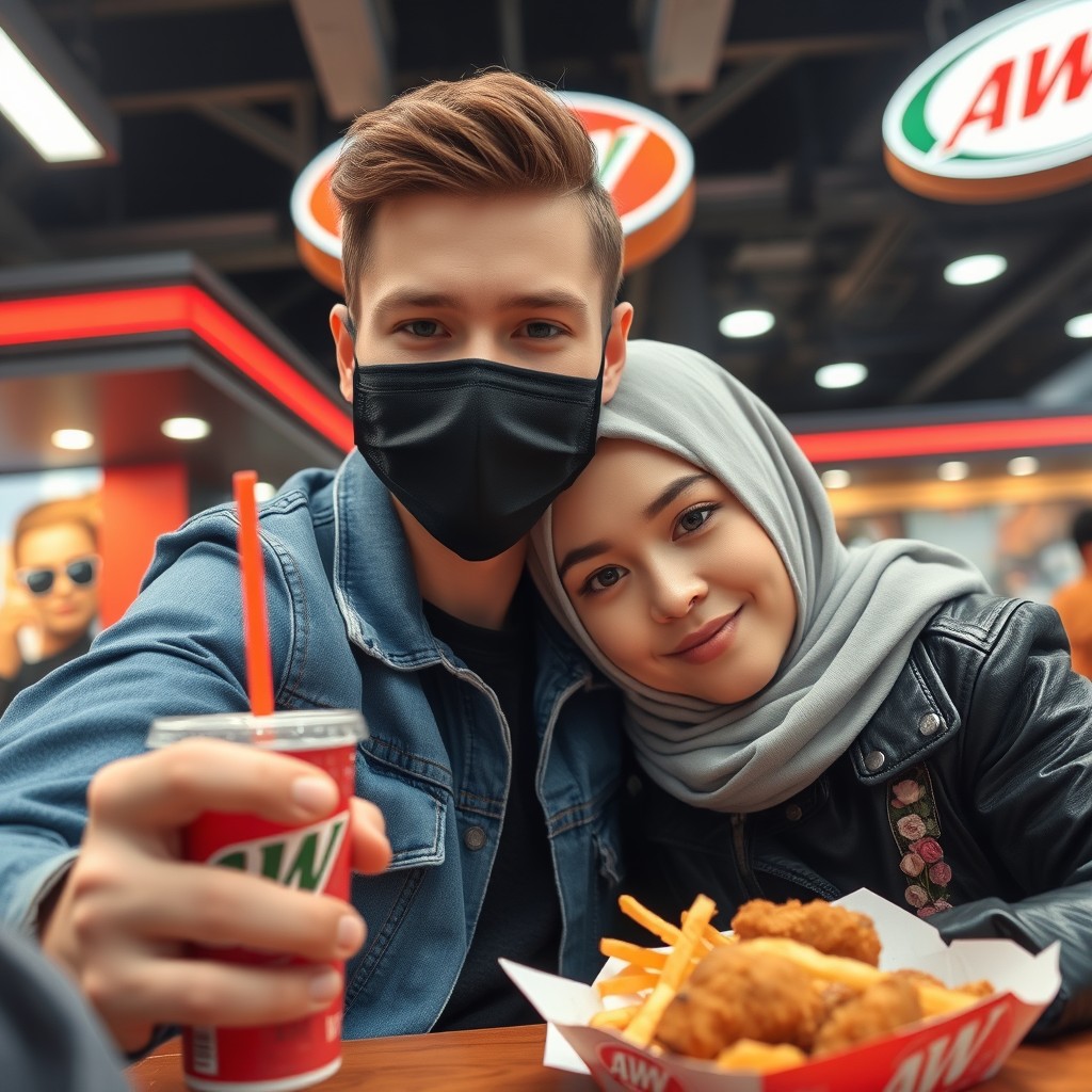 Jamie Dornan's head and body shot, handsome, young, face mask black, blue jeans jacket, jeans, dating love with grey hijab Muslim girl, beautiful eyes, face mask black, black leather jacket, biggest floral skirt, at A&W fast food restaurant, plate of Korean fried chicken and fries, soft drink A&W, photorealistic, hyper realistic, street photography, selfie.