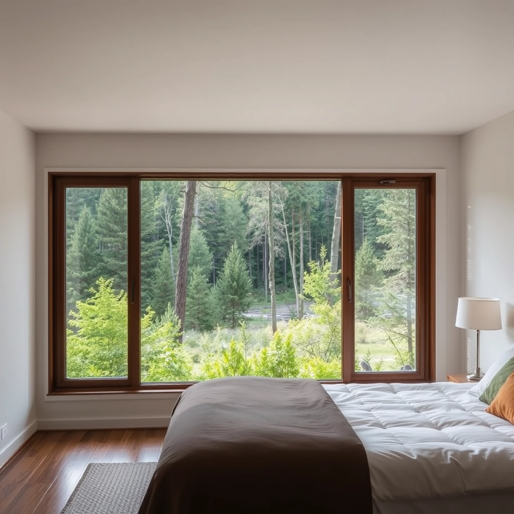 A bedroom with a view of the forest.