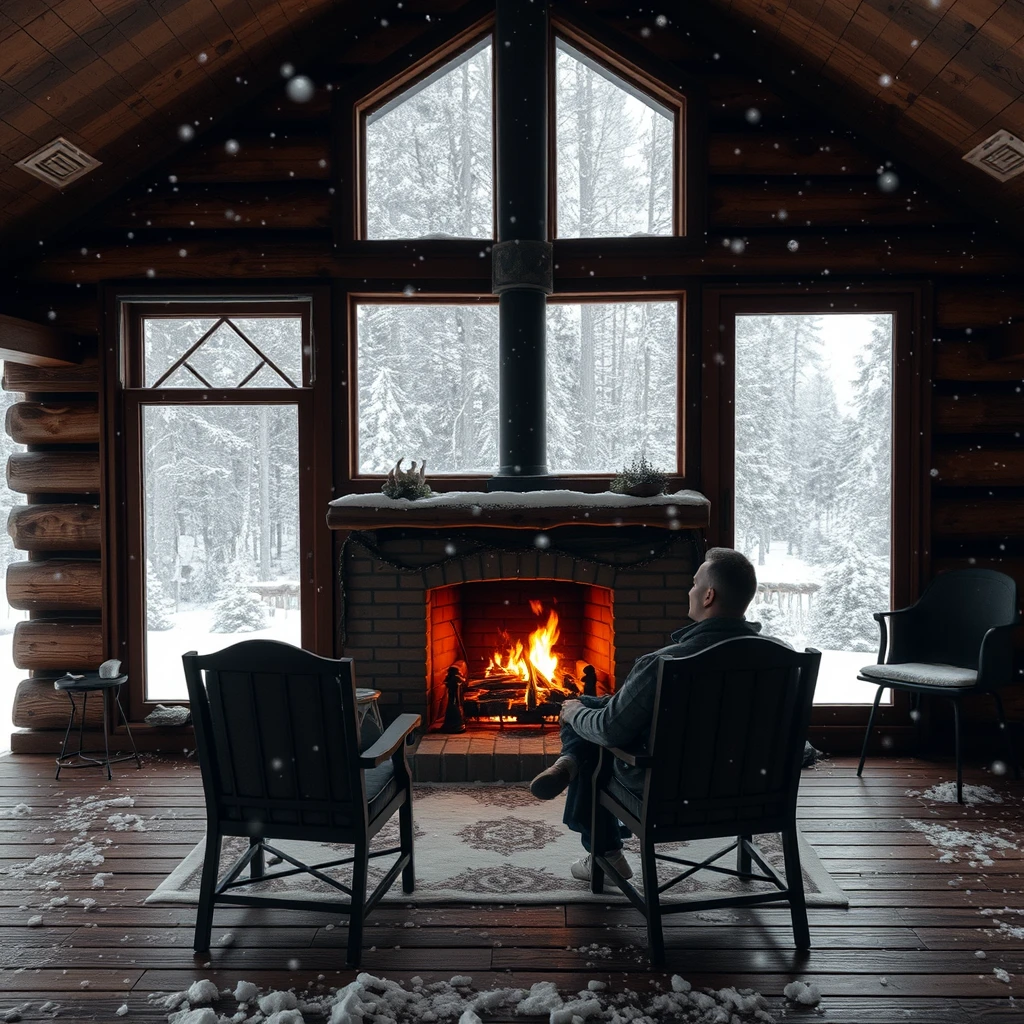 It's snowing outside. Inside the wooden house, there is a burning fireplace, and in front of the fireplace, there are chairs with someone sitting in one of them.