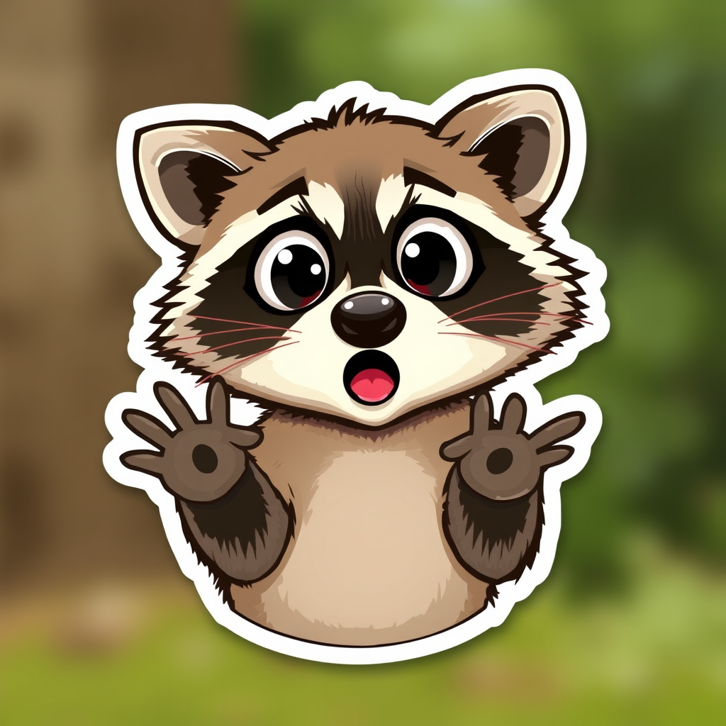 Full-length. A raccoon with wide-open eyes and an open mouth, its paws raised in a gesture of surprise. This sticker can be used to express astonishment or shock at something unexpected.