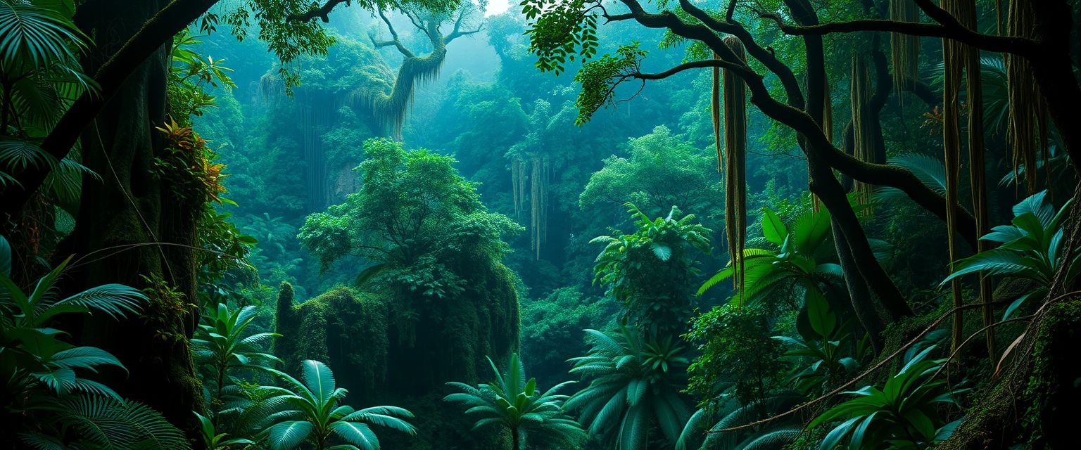 Lush, tropical rainforest, dense foliage, high quality, photorealistic, vibrant, breathtaking, misty, emerald green, ancient trees, hidden trails, tree frogs, vibrant orchids, hanging vines, moss-covered rocks, canopies, wildlife sanctuaries.