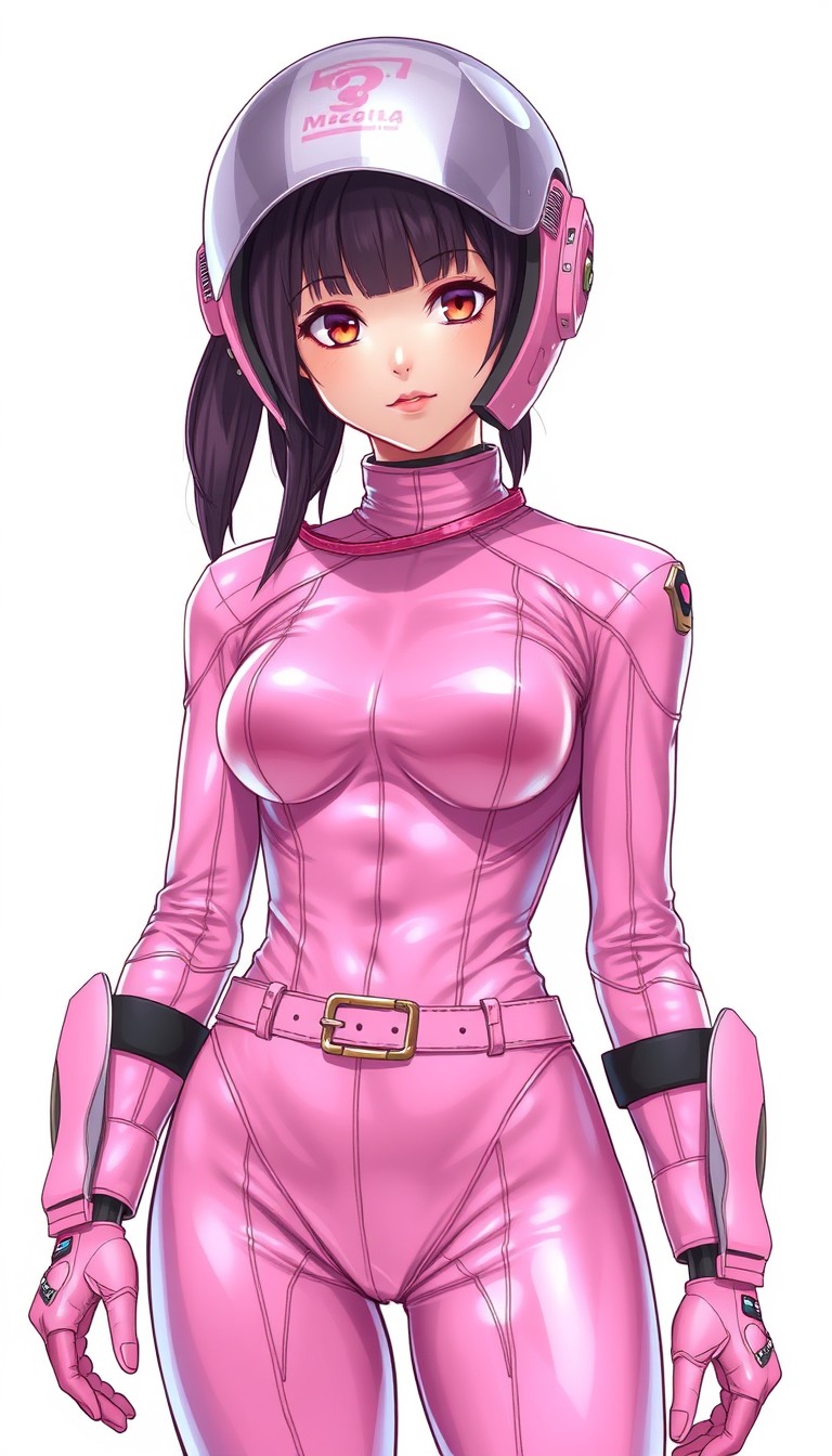 Ultra Detailed Character portrait, You're not wearing a helmet, Beautiful Pink space bodysuit, female, anime style, super glamorous space female pirate, Pink Clothes made of shiny vinyl, Pink space bodysuit, A view from the waist up to the head, The background is a simple white color, cute Feel like a villain, Bizarre suits like space alien designs.