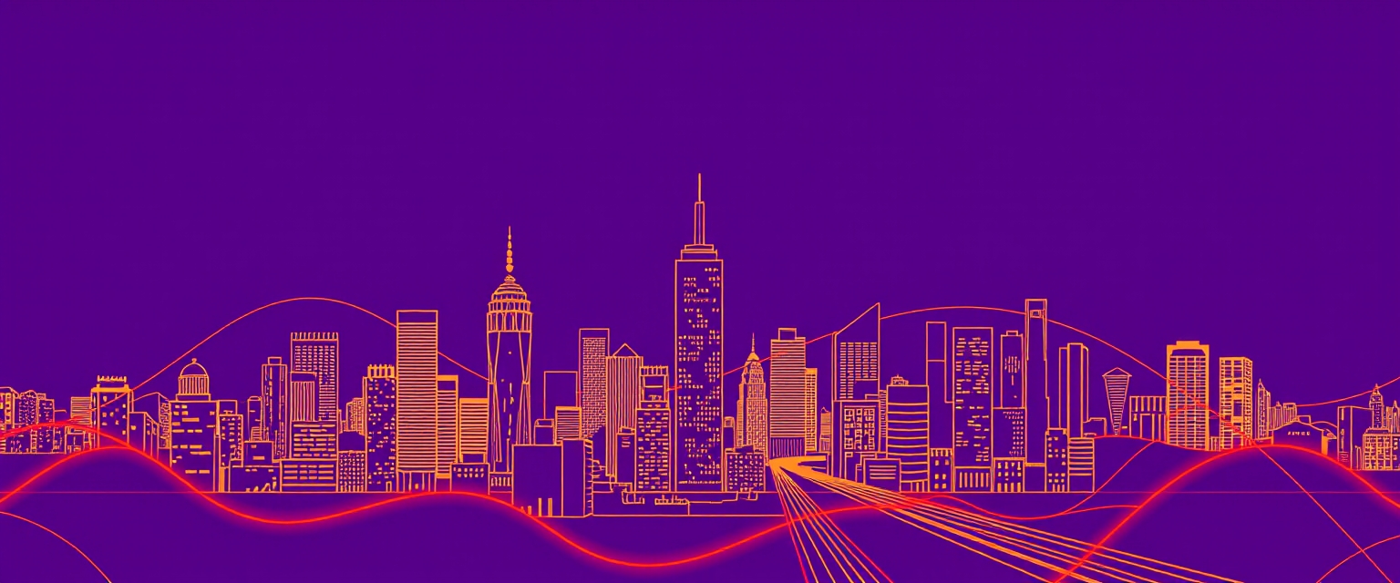 a city with a purple background and orange lines