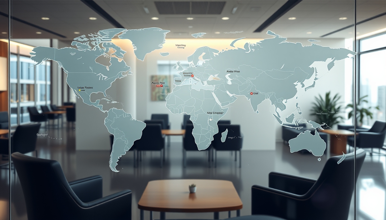 A detailed glass map of the world in a high-end office, highlighting various locations.