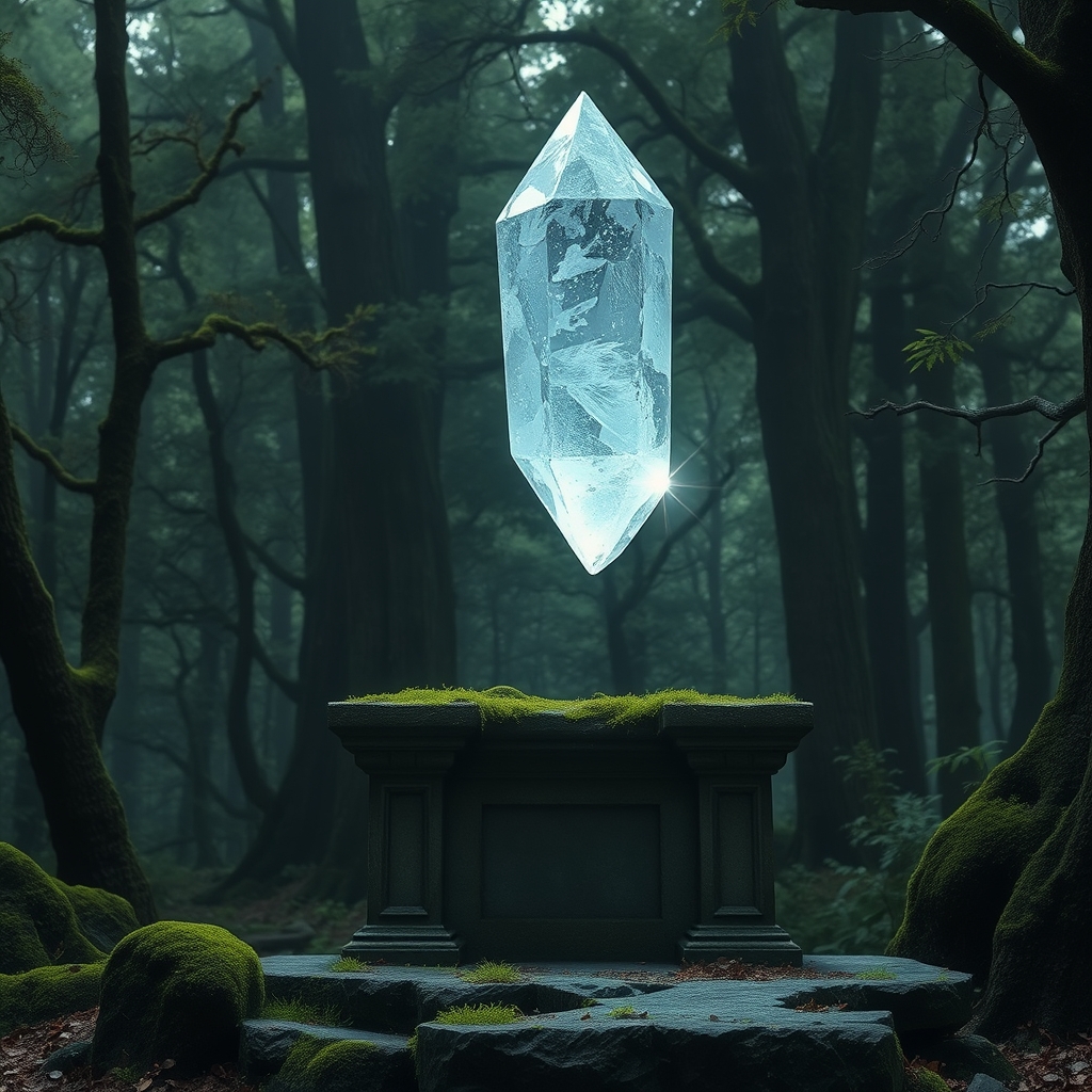 A shimmering crystal floating above an ancient, moss-covered stone altar in a dense, enchanted forest. - Image