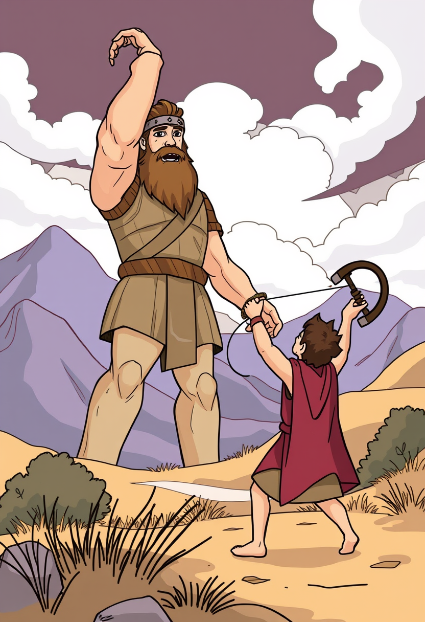 Illustrate the moment David faces Goliath, with David holding a slingshot and Goliath towering over him, set in a dramatic landscape. Cartoon style, thick lines, low details, no shading. - Image