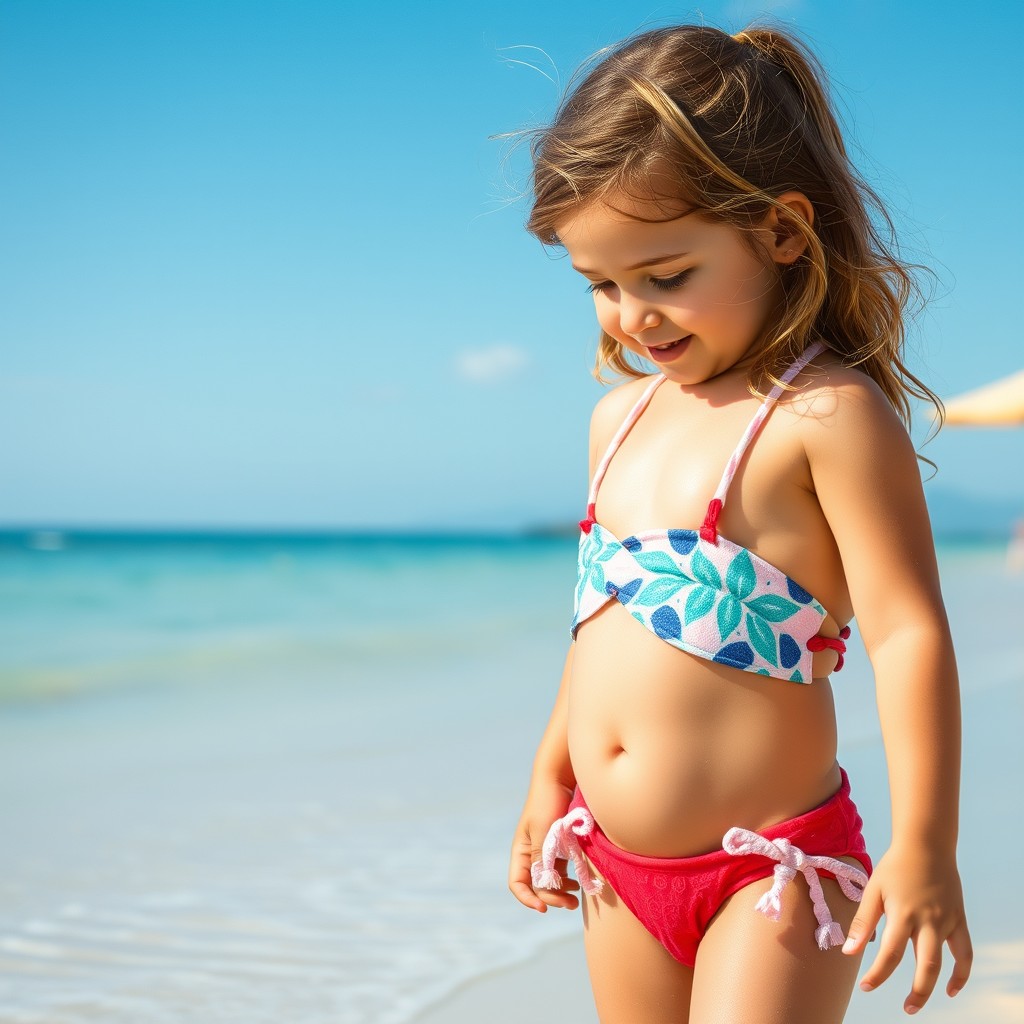 cute little girl on the beach in a micro bikini