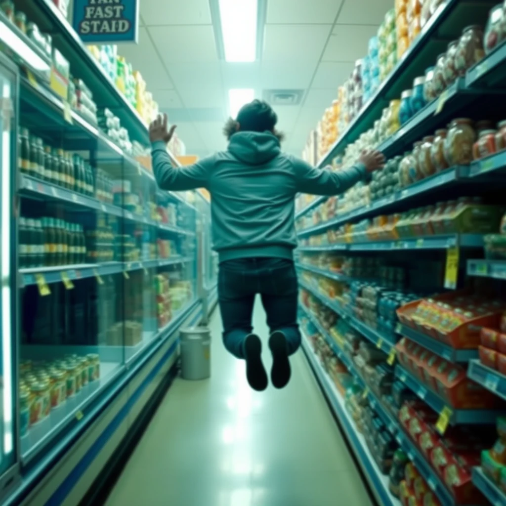 "In the supermarket, a person flew up."