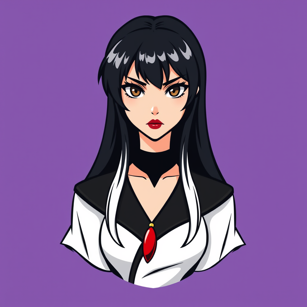 A basic simple vector logo of a beautiful female character with hazel brown eyes, long, dark black hair with white front strands, wearing a black and white outfit with a red pendant necklace, and serious face with red lipstick, on a purple background.