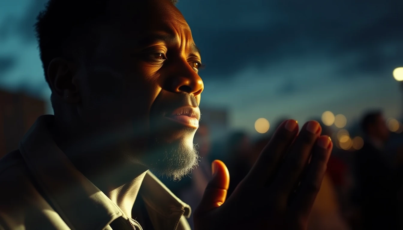 a still from a movie scene, close up shot of a 30-year-old Rwandan man praying, face lit by mysterious light from above, cinematic shot, Gothenburg as background, high resolution, awesome color-grading - Image