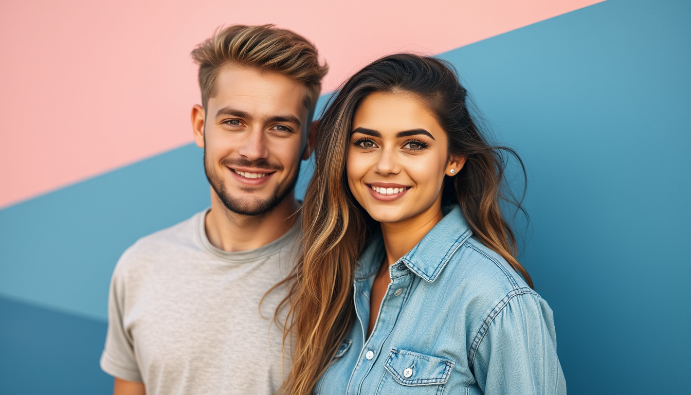 Handsome man and beautiful woman teenage couple from Australia with great hair. - Image