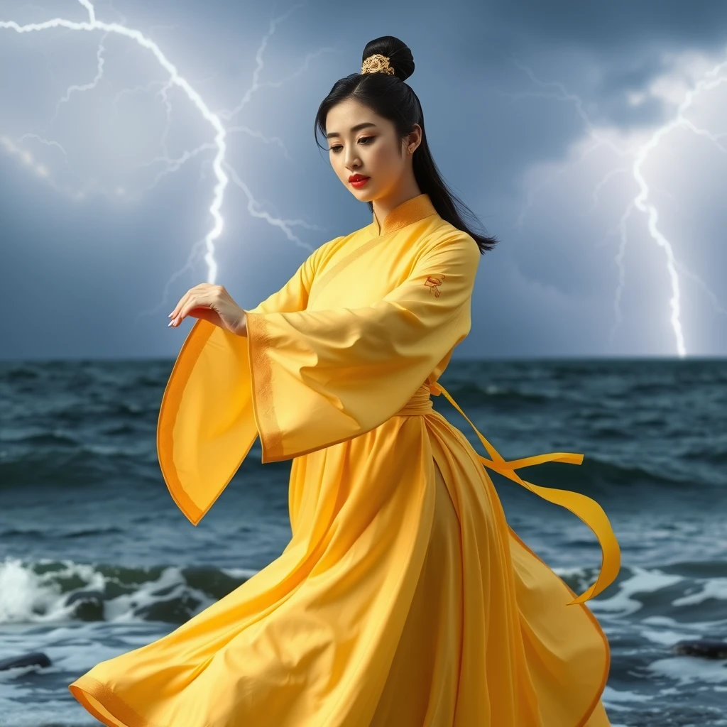 A Korean woman is dancing in a yellow traditional costume. With lightning and thunder, she performs a graceful and noble dance in the middle of the waving sea. The full shot captures her yellow traditional shoes and neatly tied black hair. She wears white floral socks and exhibits agile movements.