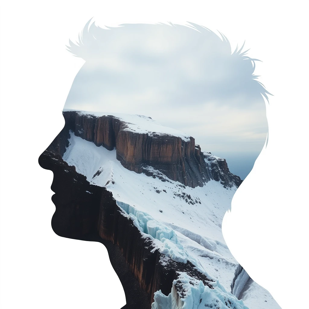 "[An abstract style of a cliff covered in snow and ice] within the head outline of [a man's head profile], this is a double exposure photo. Non-representational, colors and shapes, emotional expression, imaginative, very detailed." - Image