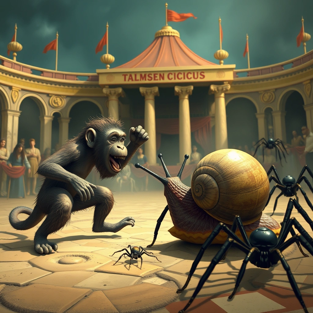 A monkey and a snail fighting in the Roman circus against 10 spiders. - Image