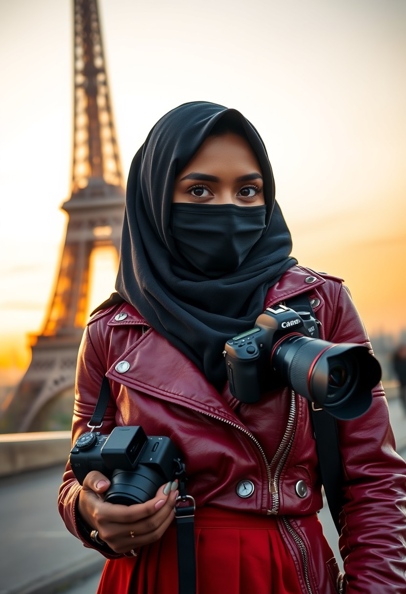 Biggest chocolate hijab Muslim girl, beautiful eyes, black face mask, red leather jacket, biggest skirt, holding a Canon DSLR camera, sunrise, morning scenery, Eiffel Tower, hyper-realistic, street photography. - Image