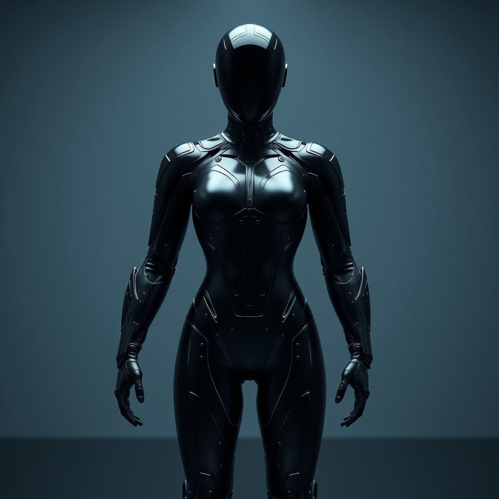 An ultrarealistic photograph of a minimalist futuristic full body power suit, without lights, made of black matte metal and polymer, full crystal hull, for a fit woman, imposing, modern minimalism, elegant, dystopia, mysterious, godlike, scary, in a dark room, 8k. - Image