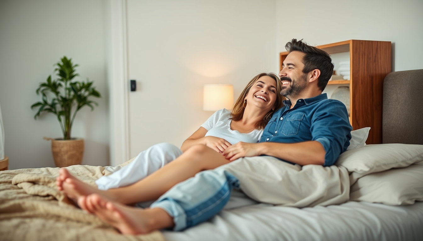 Laughing, the man and woman are on the bed in the morning for love, support, and relaxation in the apartment. Happiness, the couple is together at home for a date, care, and comedy or jokes with respect and care for the weekend.