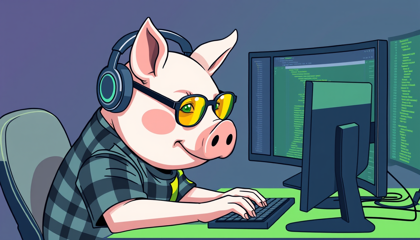 A tech-savvy pig coder, wearing yellow-tinted glasses and sleek noise-cancelling headphones, hunches over a cutting-edge multi-monitor setup. The anthropomorphic pig exudes focus, typing furiously, dressed in a plaid t-shirt. - Image