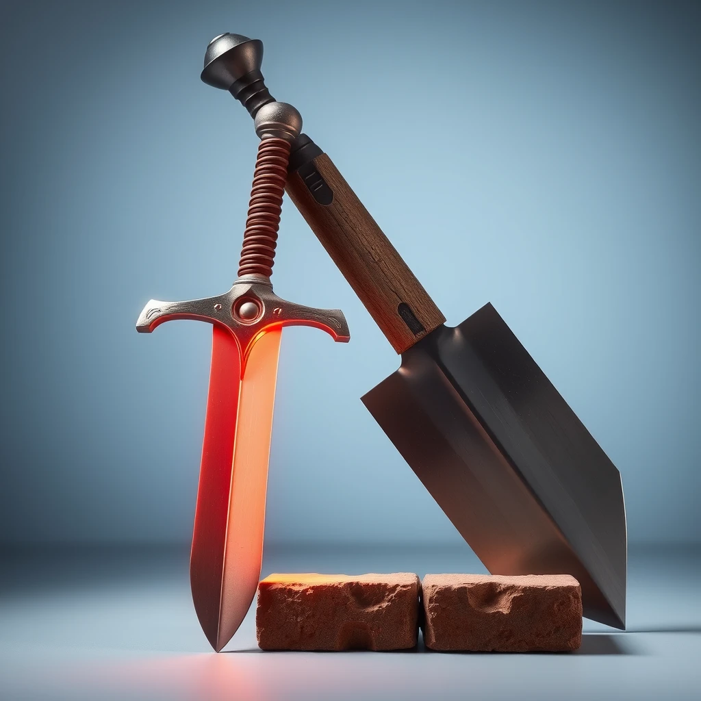 A shining sword next to a brick trowel. - Image