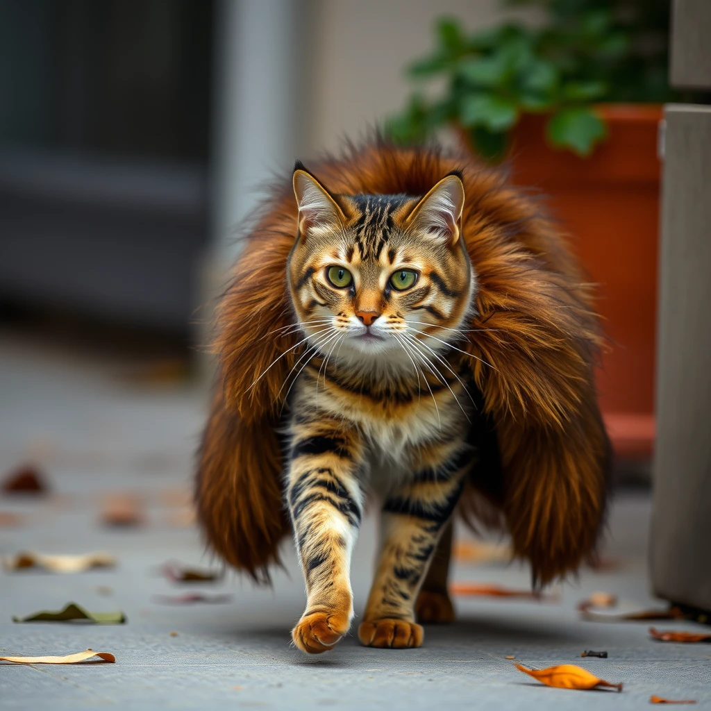 A cat walking in a fur coat.