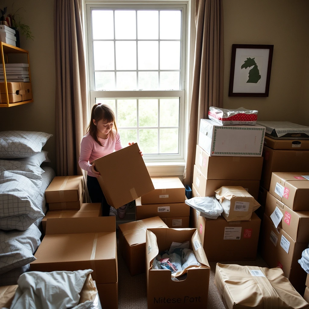 In the room, there's a girl unpacking deliveries, and there are many packages.