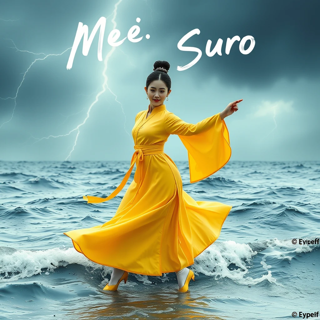 Korean woman dancing in a yellow traditional costume. In the middle of a waving sea. Lightning and thunder, with the words "Mme. AI Suro" written in scribbles in the sky, graceful and noble dancing. Full shot, yellow traditional shoes, neatly tied black hair. White floral socks, agile movements.