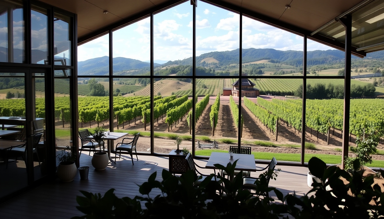 A picturesque vineyard with a glass-walled tasting room overlooking the grapevines.