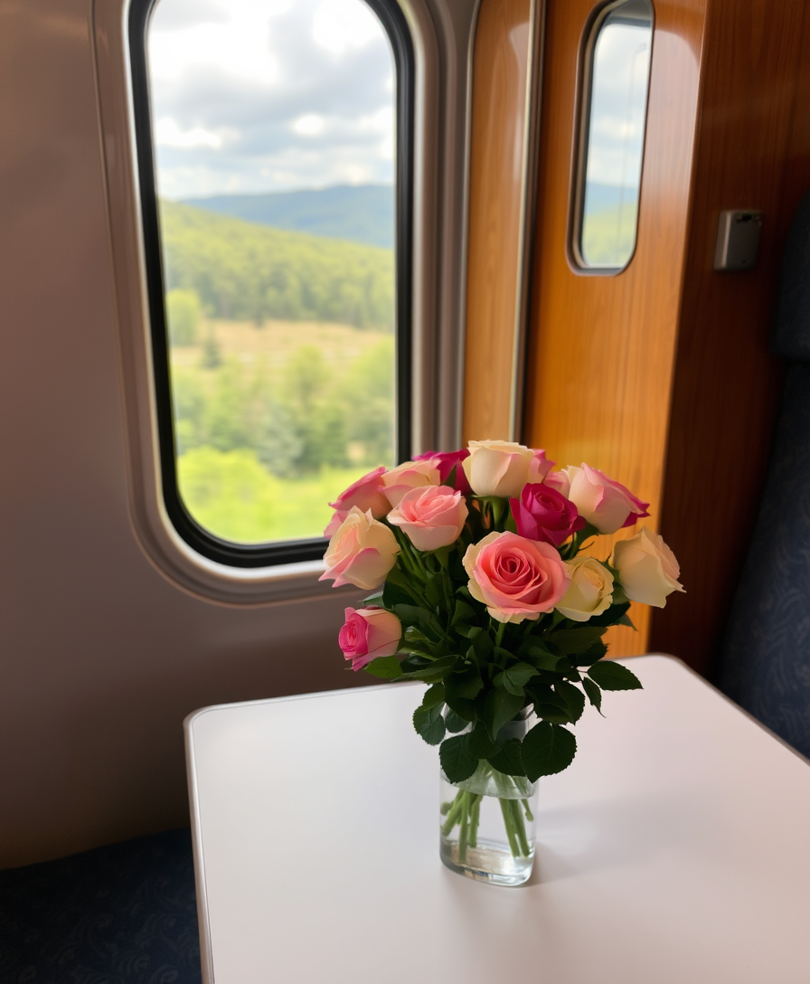 train compartment, bouquet of roses on a table, perfect composition, beautiful view