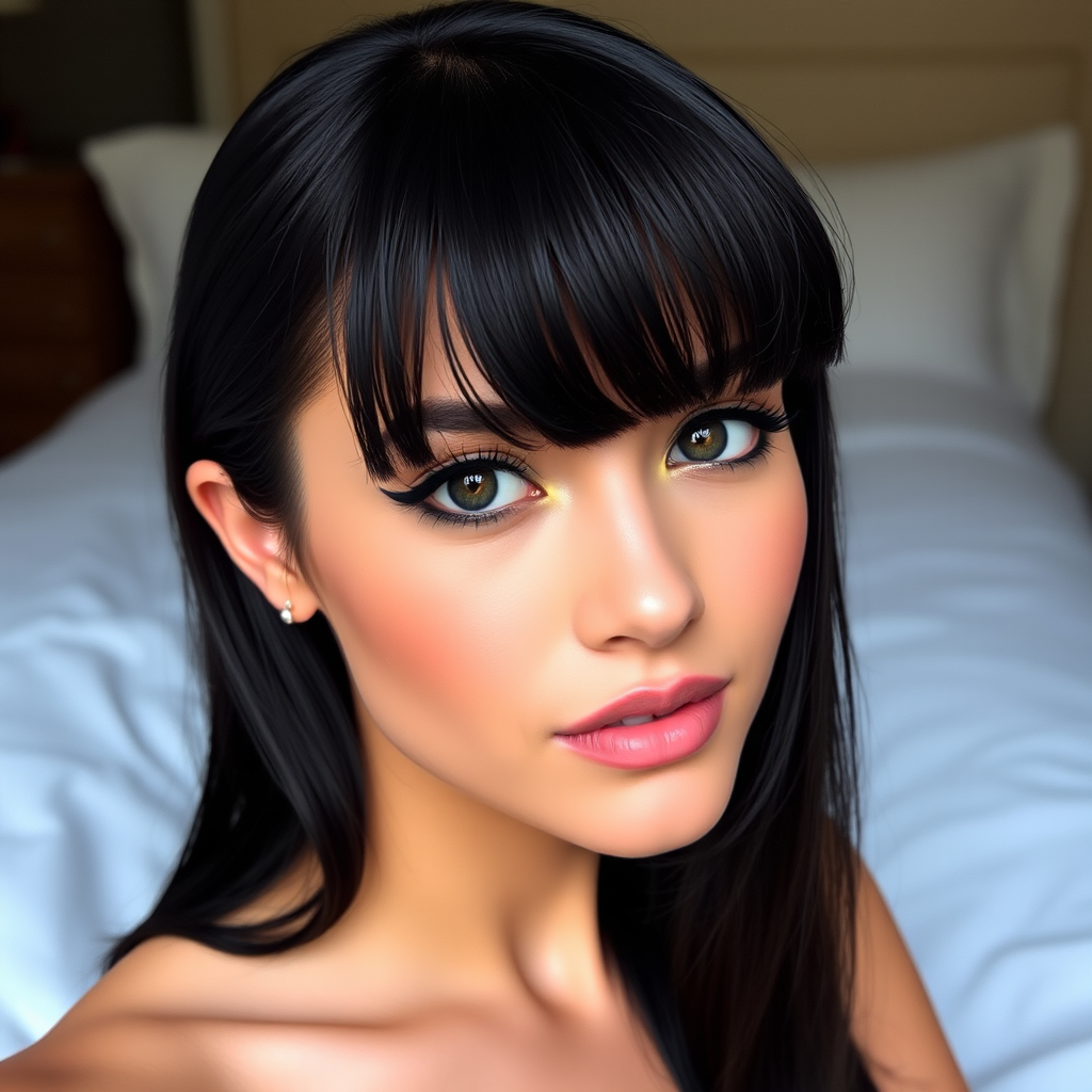 Caucasian woman, gorgeous alluring face, black eyeliner, long lashes, glossy black hair with bangs, small bust, petite body, toned waist, feminine hips and thighs.