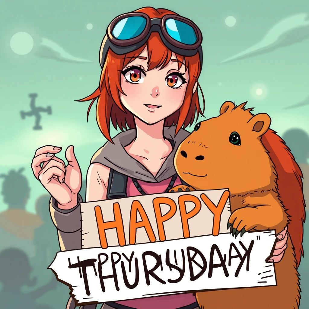 Redhead girl with a capybara holding a sign that says "HAPPY THURSDAY" (in Spanish) sci-fi anime style.