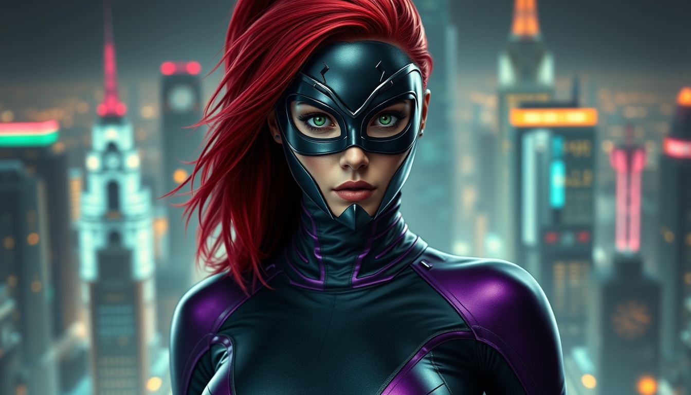 I used Flux AI Image Generator to create this image of a woman with red hair and green eyes wearing a black metallic mask. She's dressed in a skintight black and purple spandex suit that has a high collar and long sleeves. She's standing perfectly straight. The background features a futuristic city. I love this image; it looks like something out of a fantasy movie.