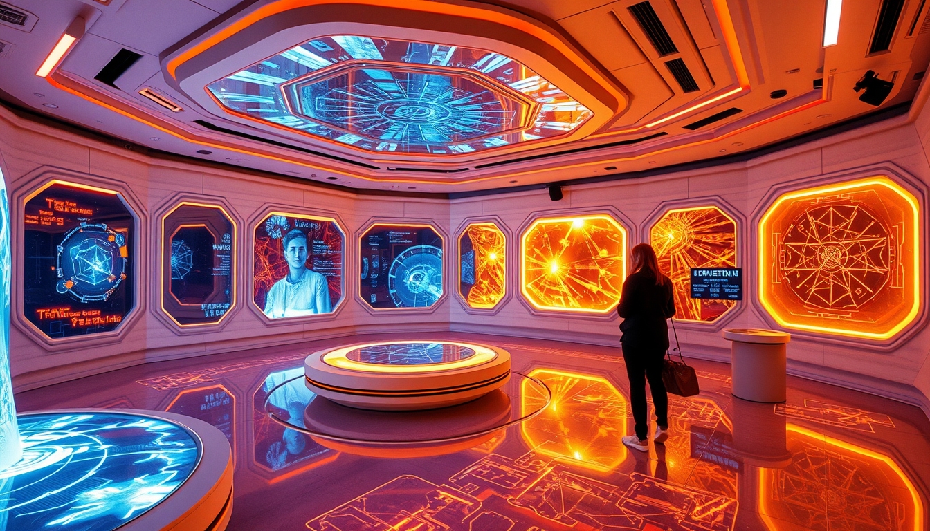 A futuristic room filled with interactive digital art, with holographic displays and immersive light installations.