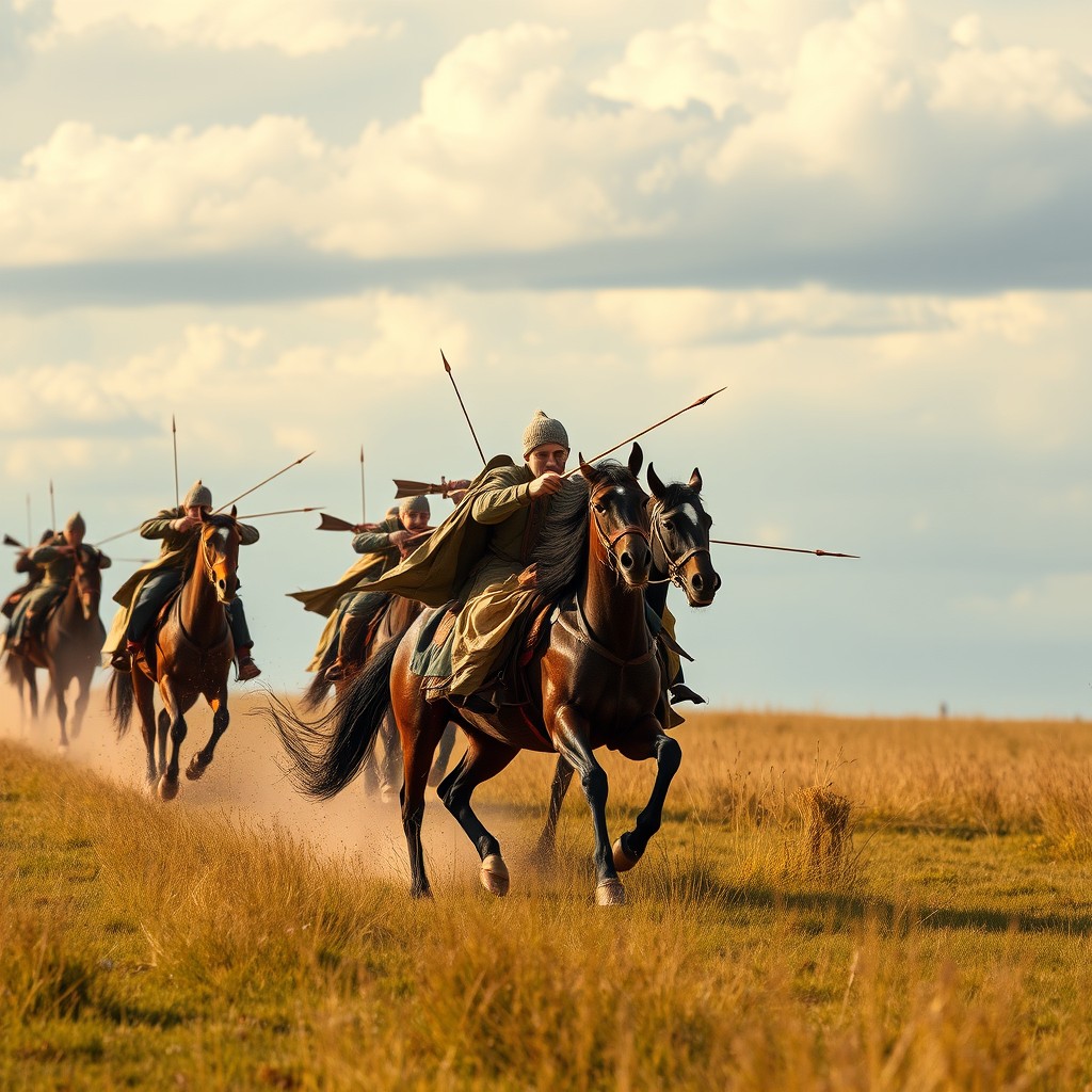 "People riding horses and shooting arrows quickly running on the grasslands."