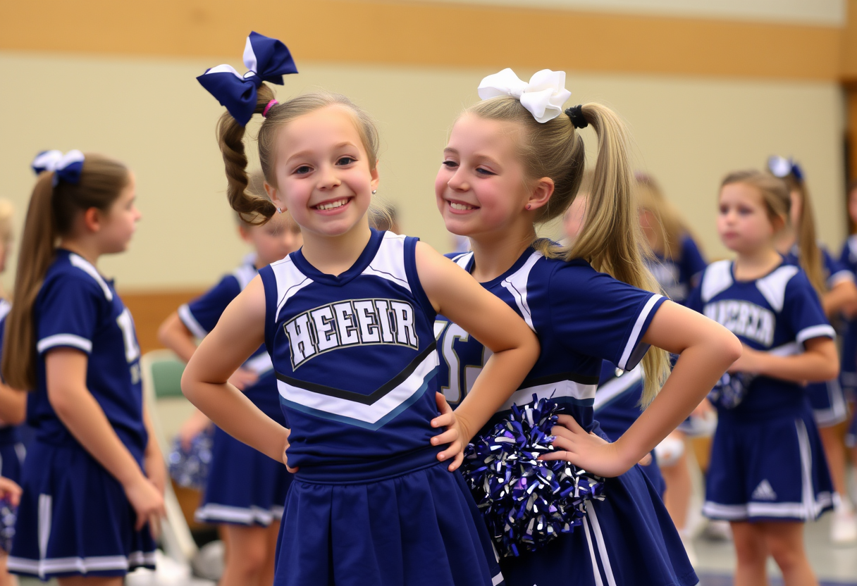 A girl at cheer camp playfully helps her best friend put on her cheer uniform.